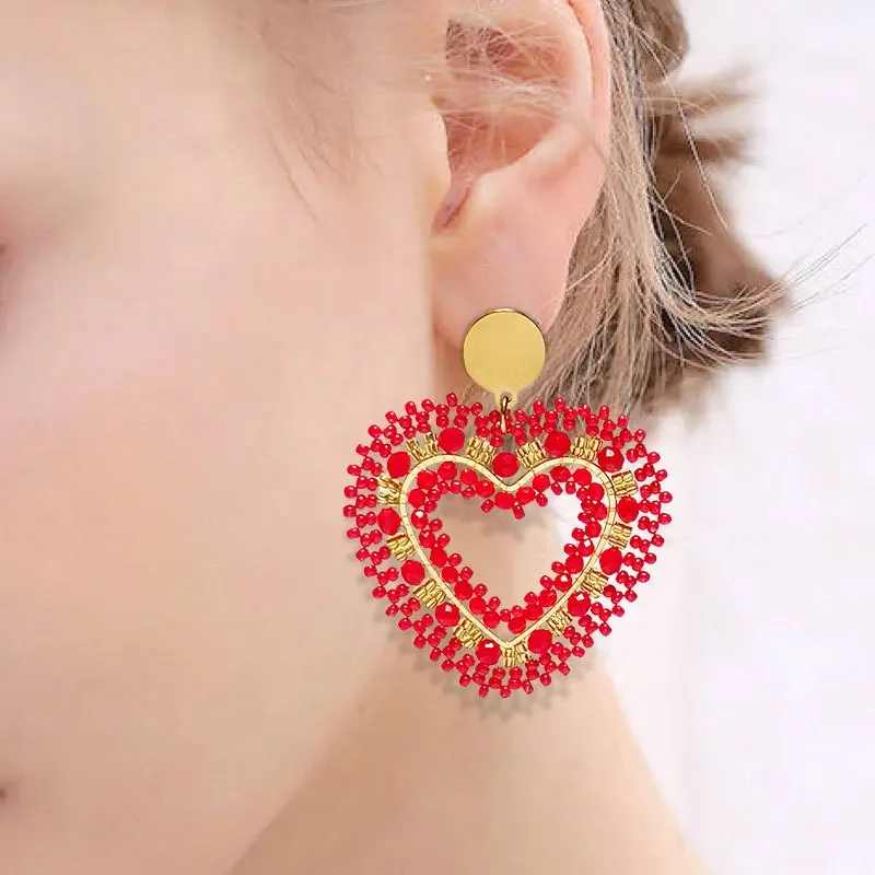 

Серьги в форме сердца в богемном стиле, вязаные вручную красные графические хрустальные бусины, женские модные украшения
