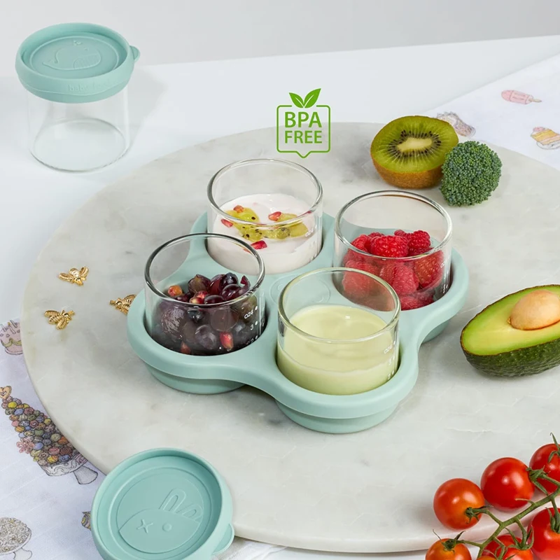 حاوية أغذية الأطفال، حاويات طعام زجاجية للأطفال مع أغطية من السيليكون، برطمانات تخزين أغذية الأطفال مع