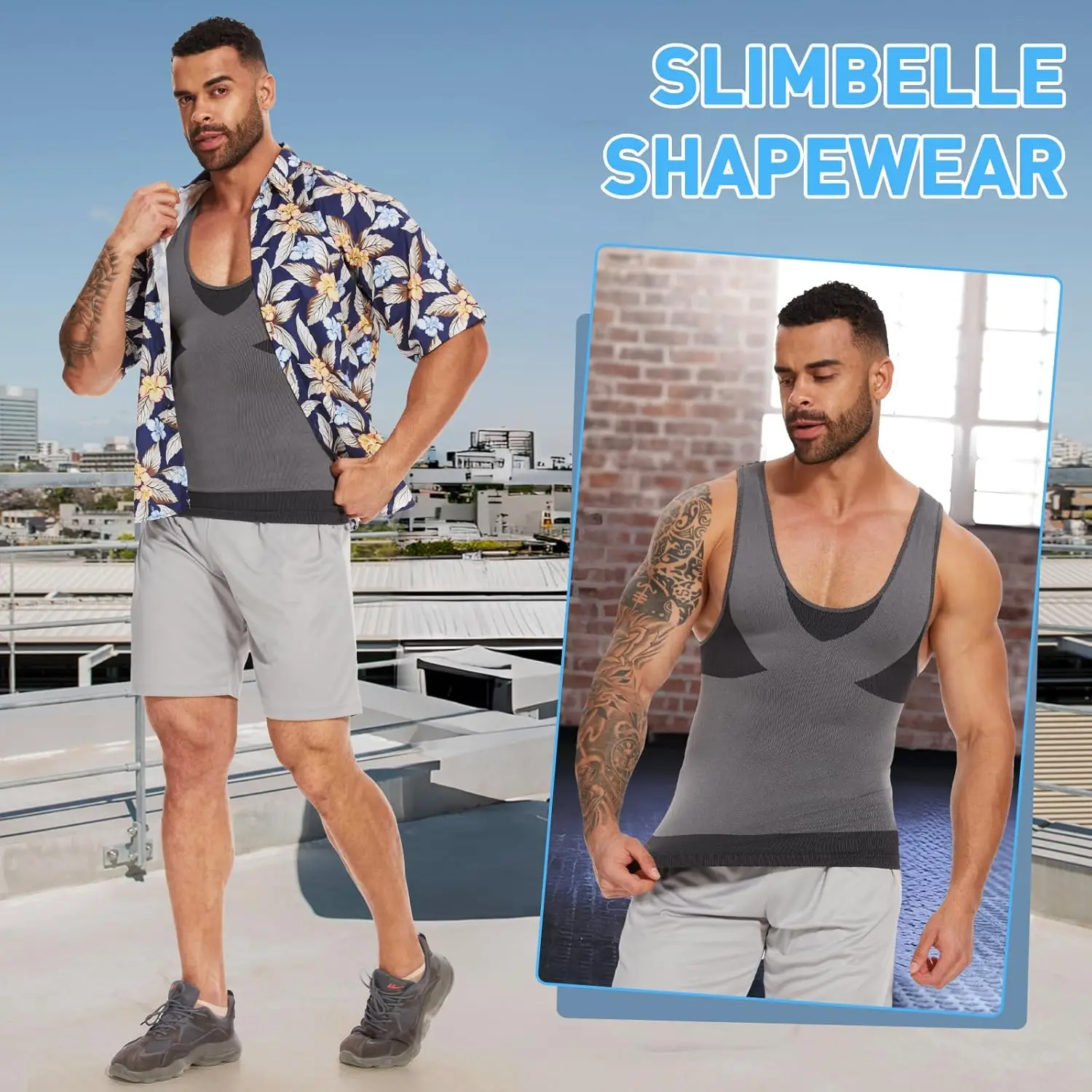 New Men's Shapewear Slimming Body Shaper Horizontal Stripe Compression Band Tummy Control T-Shirt Cross Elastic Workout Top