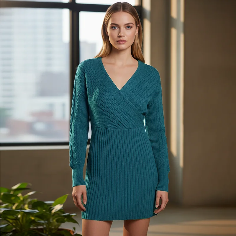 

Women's V-Neck Ribbed Knit Sweater Dress Elegant Long Sleeve Dress High Elasticity Casual Slim Fit Winter Women's Mini Dress