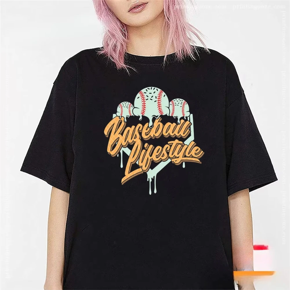 Fashion New Cotton T-Shirt Print Baseball Ice Cream Drip Graphic Crew Neck Short Sleeve Retro Sport Streetwear Summer Casual Tee