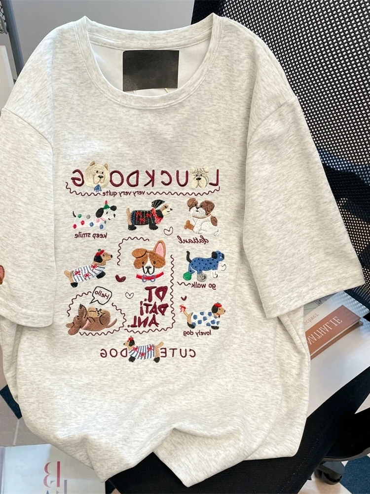 

plus Size Women's T-Shirt Korean Lazy Style Short Sleeve Embroidered Sausage Dog Loose Fit Summer Top Breathable Polyester