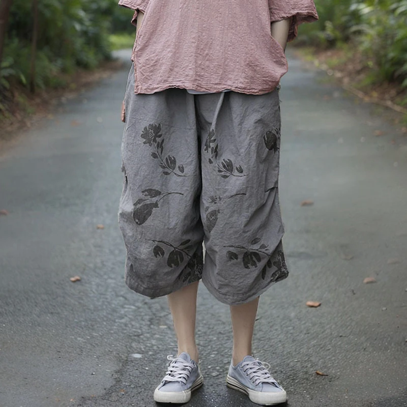 

Women Cotton Linen Casual Pants New Arrival 2025 Summer Vintage Style Floral Print Loose Female Calf-length Wide Leg Pants M1490