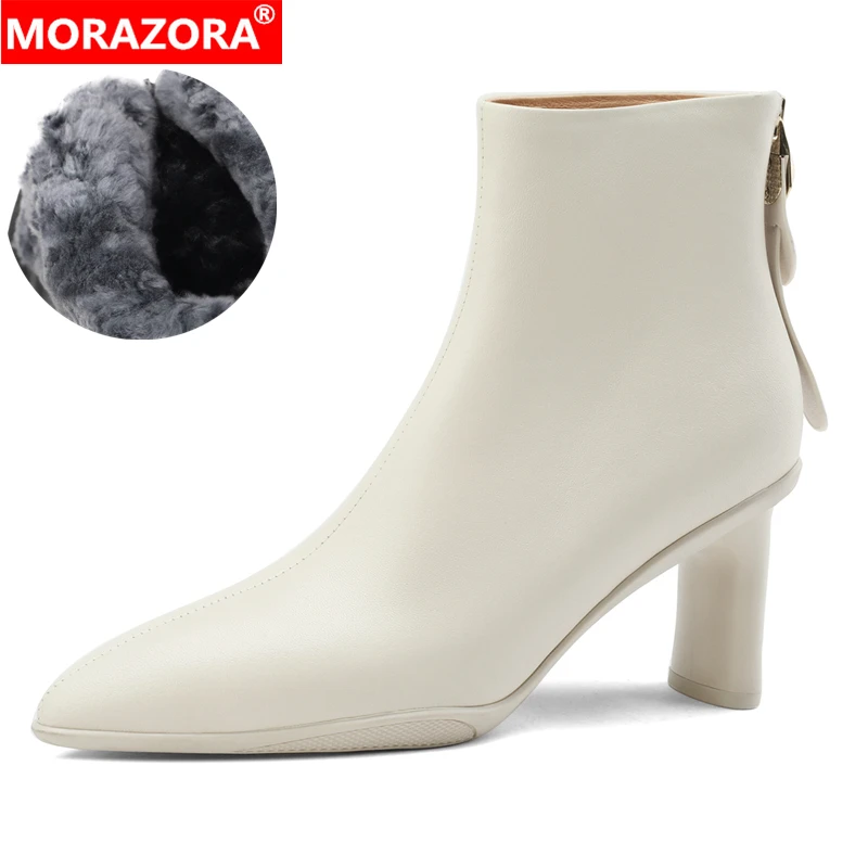 

MORAZORA Size 34-42 Genuine Leather Boots Women Zipper Pointed Toe High Heels Ankle Boots Nature Wool Warm Winter Snow Boots