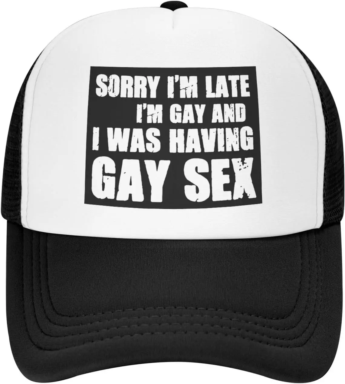 Sorry-Im-Late-Im-Gay-Trucker-Hat-Funny-Graphic-Mesh-Snapback-Cap-Unisex-Casual-Adjustable