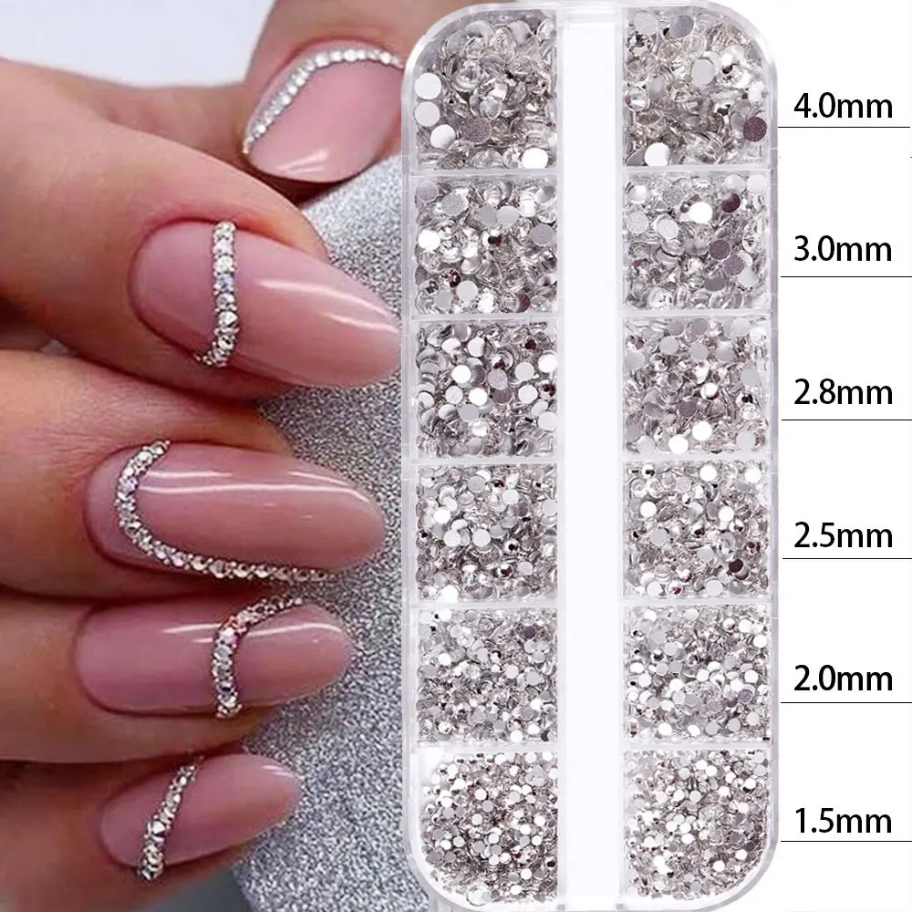 

Hot Sale 2400Pcs Shiny Clear Nail Diamonds 1.5-4mm Flatback Glass Stones 12Grids DIY Nail Charms