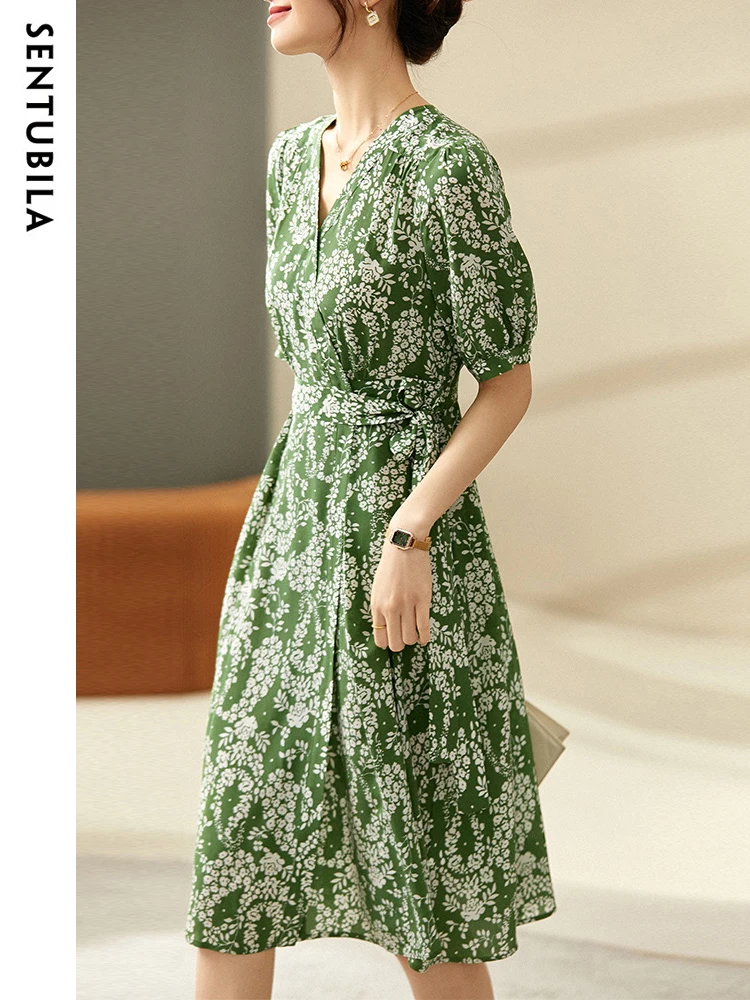 SENTUBILA 100% Mulberry Silk Printed Floral Dresses Women 2024 Summer Puff Sleeve Belted Fashion Midi Wrap Dress 142L53171X