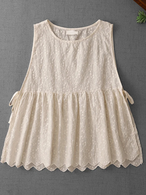 

Japanese Sle Artistic Heavy Embroidery Women's Vest Top Summer Loose Layering Outerwear with Side Tie Design