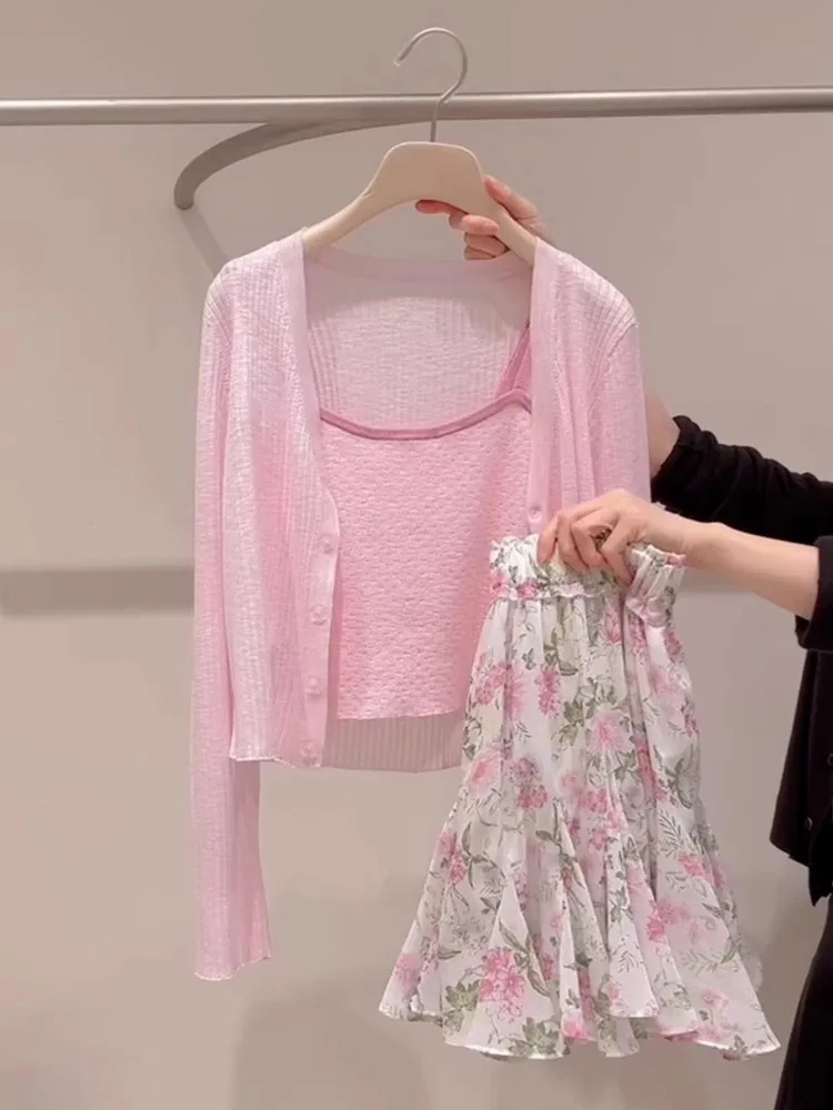 

Лайвный вязаный комплект, лето 2029, розовый солнцезащитный кардиган, юбка, футболка, женский ансамбль Faion Vivacious