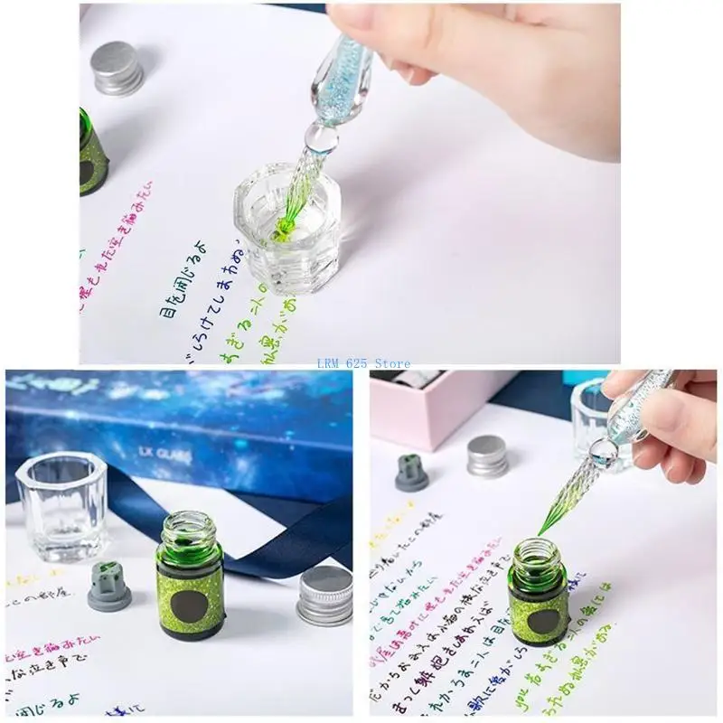 41QA Glass Dip Pen Pen Pen Gradient Glass Kaligrafy Pen z 12 butelek Prezent dla podpisów Rysowanie kart podarunkowych Pisanie