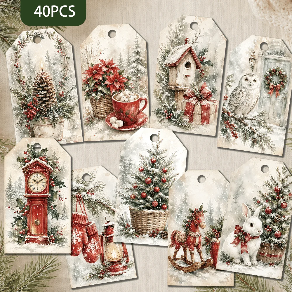 40pcs Winter Christmas Decorative Tags, Holiday Gift Labels, Party Decorations, Handmade Packaging Accents, Jute Rope
