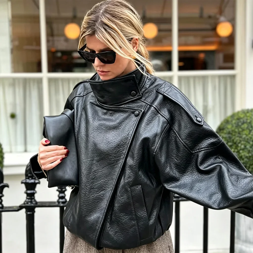 New Arrival Faux Leather Black Jackets Oversize Cropped Bomber Jacket Zip-Up Long Sleeve Coats For Woman Motorcycle Jackets