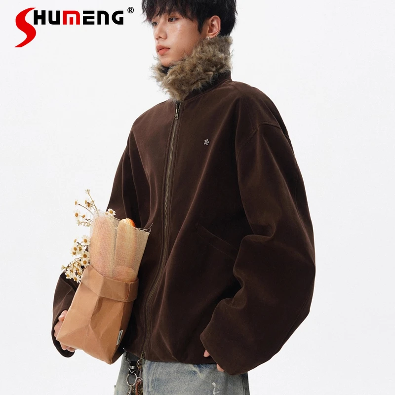 

Men's 2025 Winter New Handsome Detachable Faux Fur Collar Solid Color Jackets Retro Tooling Coat Long Sleeve Loose Comfort Coats
