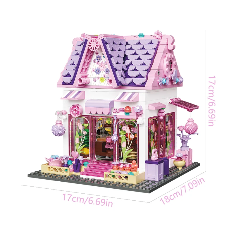 MOC Romantic Pink Flower Cottage Building Blocks Set European House Hut Architecture DIY Toys For Children Birthday Holiday Gift