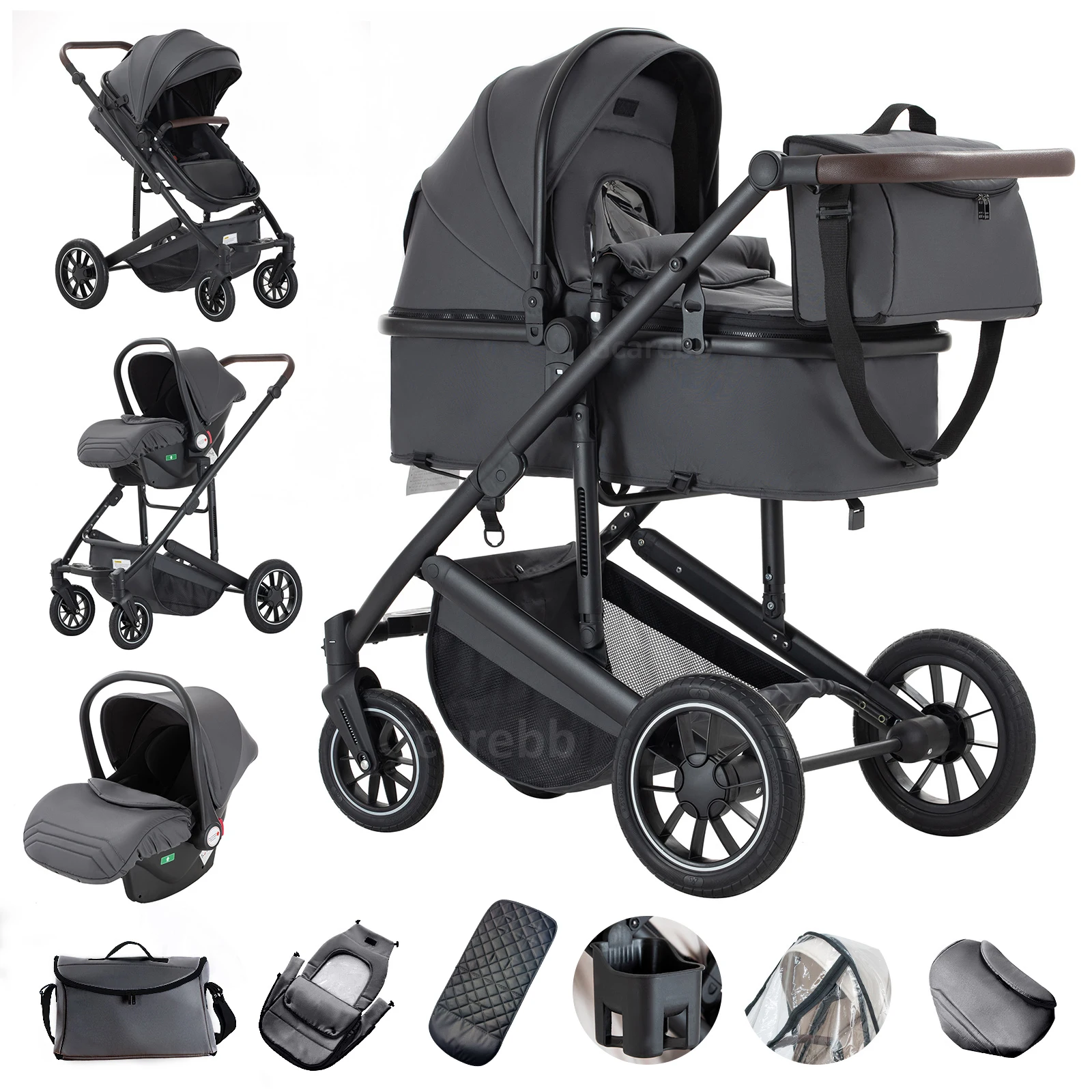 Luxe 3-in-1 kinderwagen met autostoel, geschikt voor pasgeborenen, vierwieler, schokabsorberend, reisbuggy met aluminium frame