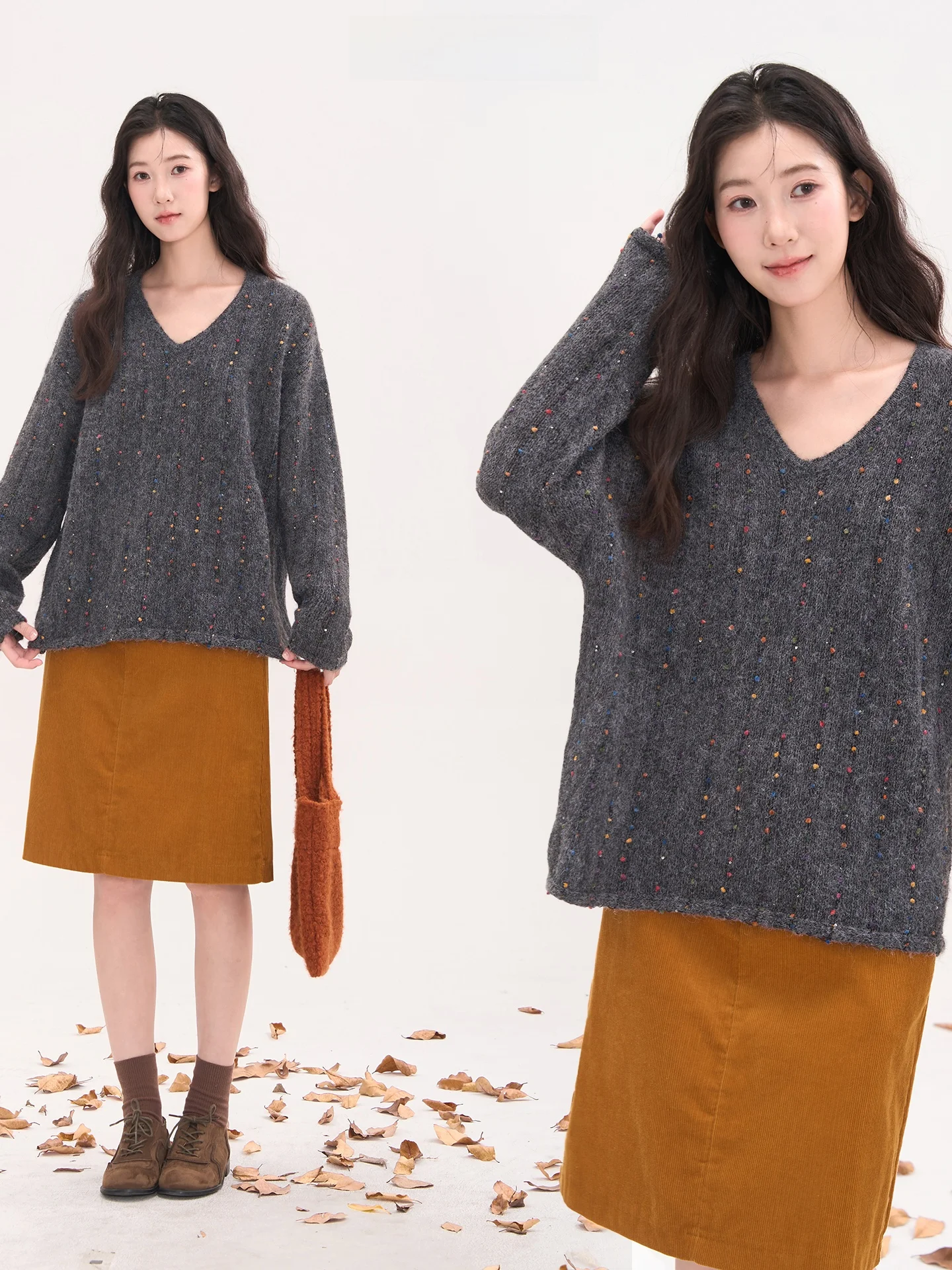 

Retro V-Ne Knitted Wool Sweater Women's Autumn Winter Loose Fit Long Sve Turtlene Pullover Bean Design Sweater