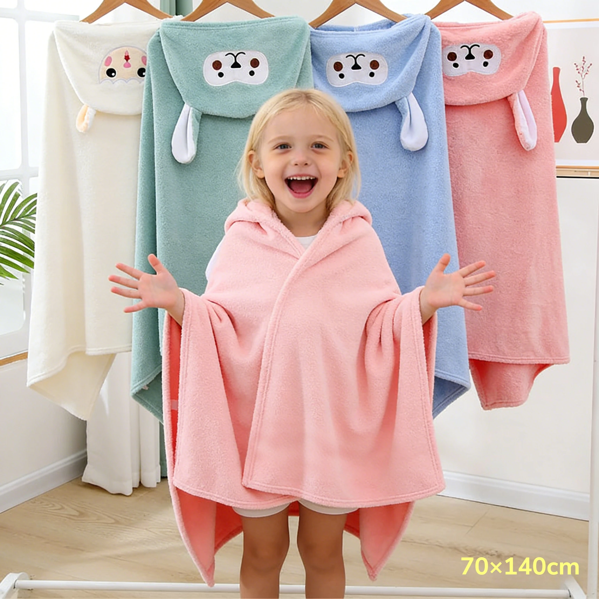 Super Absorbent Quick Dry Towel Coral Fleece Hooded for Children Cartoon Cape Baby Bathroom After Swim Wrap Set
