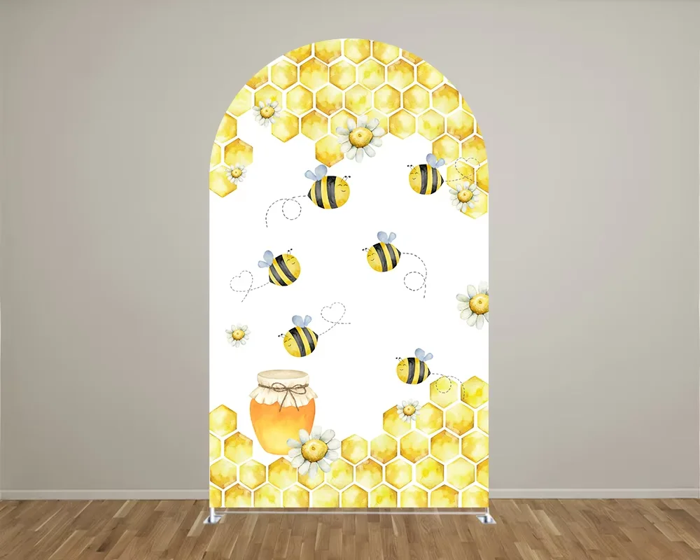 Mehofond Honey Bee Arched Fabric Backdrop Covers Kids Birthday Party Baby Shower Honey Jar Flower Decoration 2-sided Background