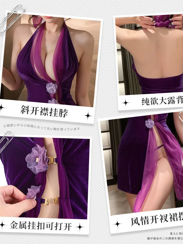 Exotic Fairy Dress Tank Mini Dress V Neck Mesh Lace Purple Velvet Lady Cheongsam Sexy Pure Desire Dress Elegant Fashion Tops LW7