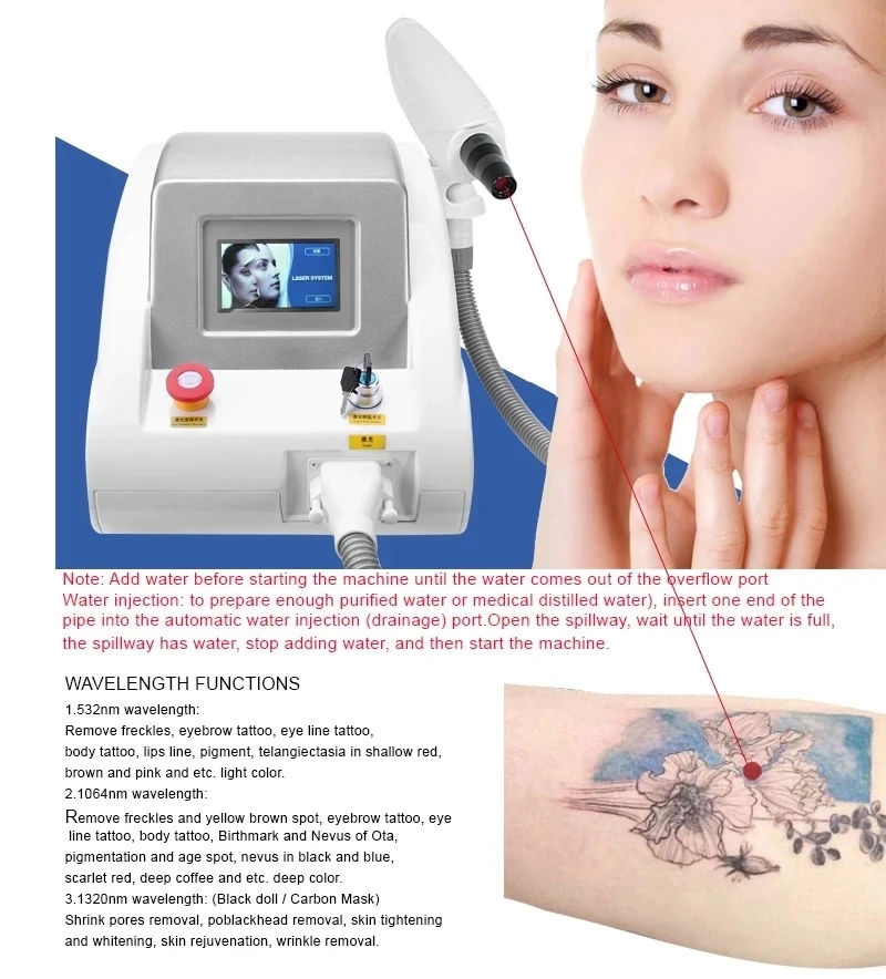 Preço de fábrica Q Switched Remoção de tatuagem Laser 1064 Nd Yag 532nm 1320nm Peeling de carbono Pico Sobrancelha Remoção a laser Máquina de lavar