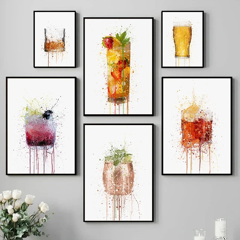 Cocktail Champagne Flute Red Wine Watercolor Wineglass Poster Canvas Painting Wall Art Picture Bars and Clubs Kitchen Home Decor