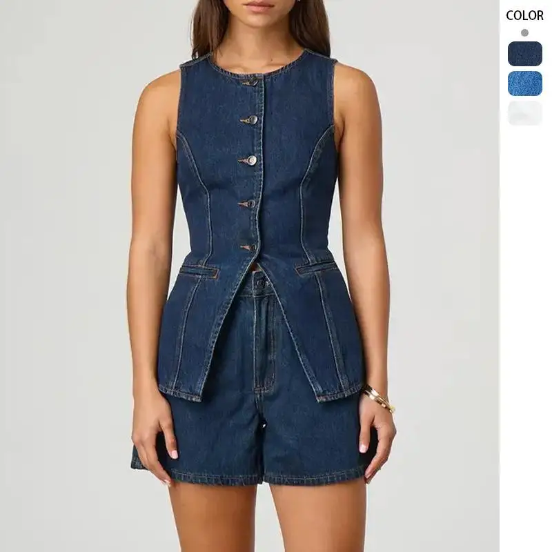 

High Waisted Denim Shorts Set Sveless Waist Cinched Fashionable Three Piece Women's Summer Outfit No Brand Registered Trademark