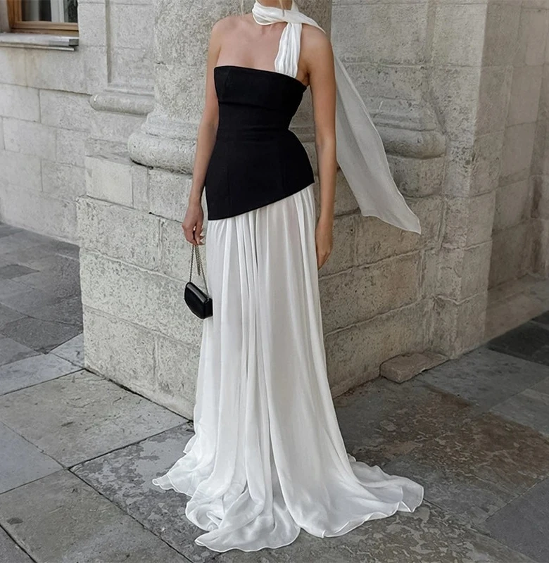 

Элегантные лоскутные платья с лентами, женские сексуальные длинные платья без бретелек с открытой спиной, весенние женские вечерние платья контрастного цвета