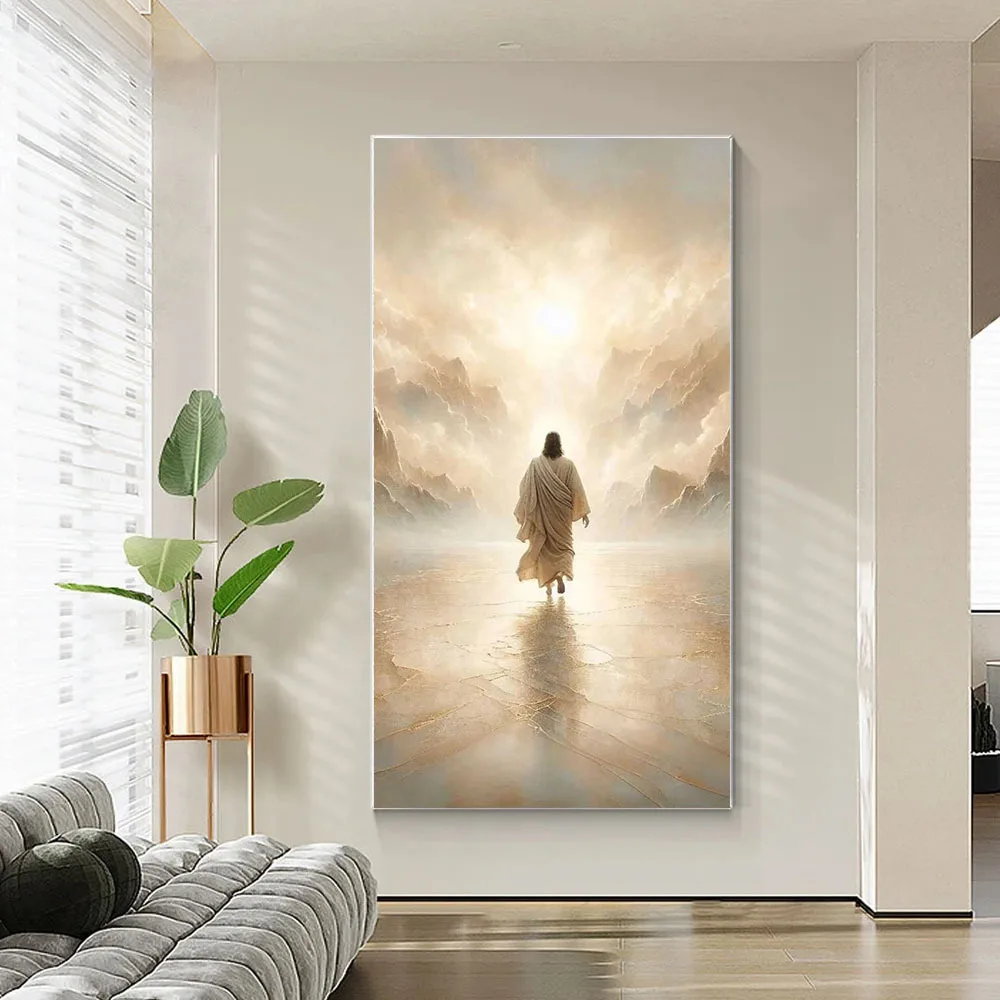 Une pièce d'une grande œuvre d'art sur toile sans cadre mesurant 27,5 x 139,95 cm ou 70 x 140 centimètres, représente Jésus marchant sur