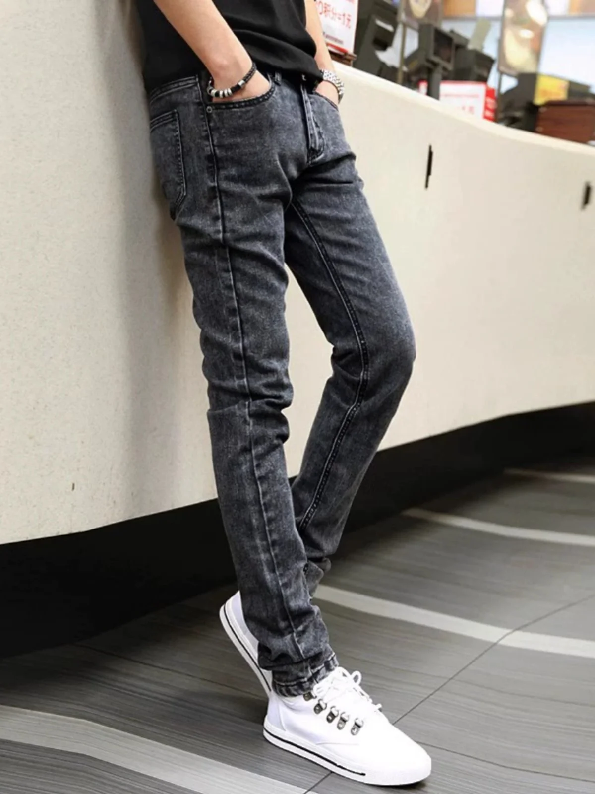 Fall Men's Slim Fit Jeans Casual Spring Autumn Sle Fce Lined Long Pants Youth Trendy Low Waist Zipper ket Jeans