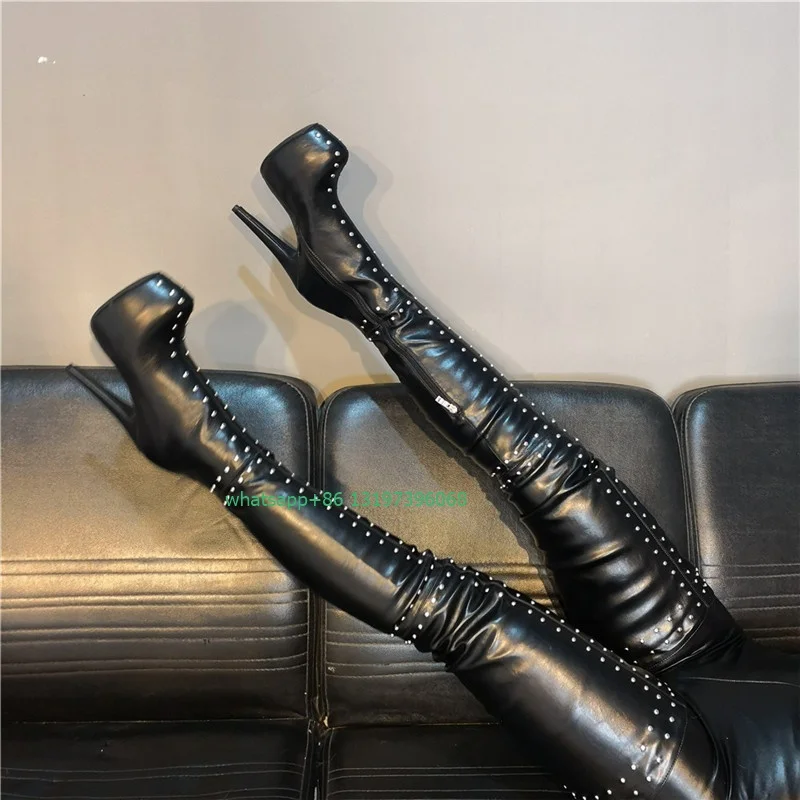 

Lady sexy studed black PU thigh super heel boots stiletto heel over the knee dance platform punk Y2K style boots size 35-46