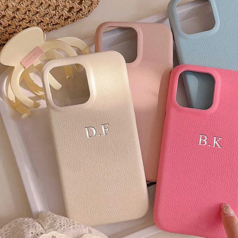 Personalised Customized Name Case For iPhone 12 13 14 15 16 pro max Initials DIY Letters Luxury Litchi Leather Gift Cover