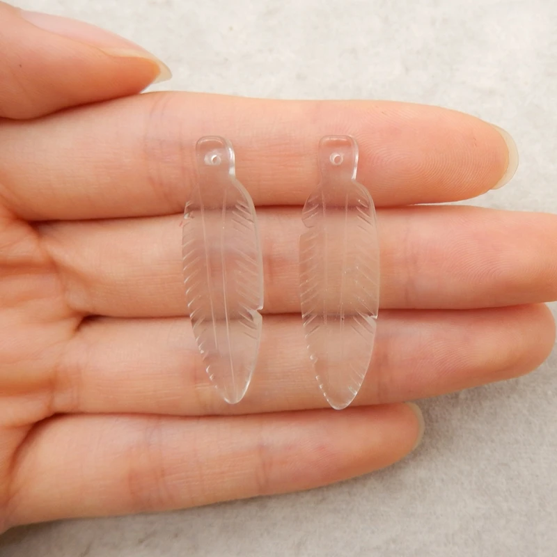 

2PCS White Quartz Feather-Shaped Pendant Pair Clear Gemstone Jewelry Components for DIY Handmade Beading 36x10x4mm-4g