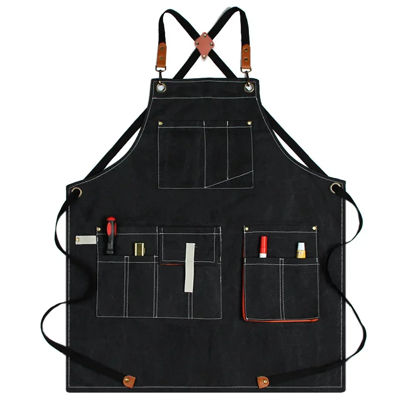 New Durable Canvas Denim Work Adjustable Aprons with Tool Pockets For Barber Baking Cafe Carpentry Painting Oil-proof Waterproof