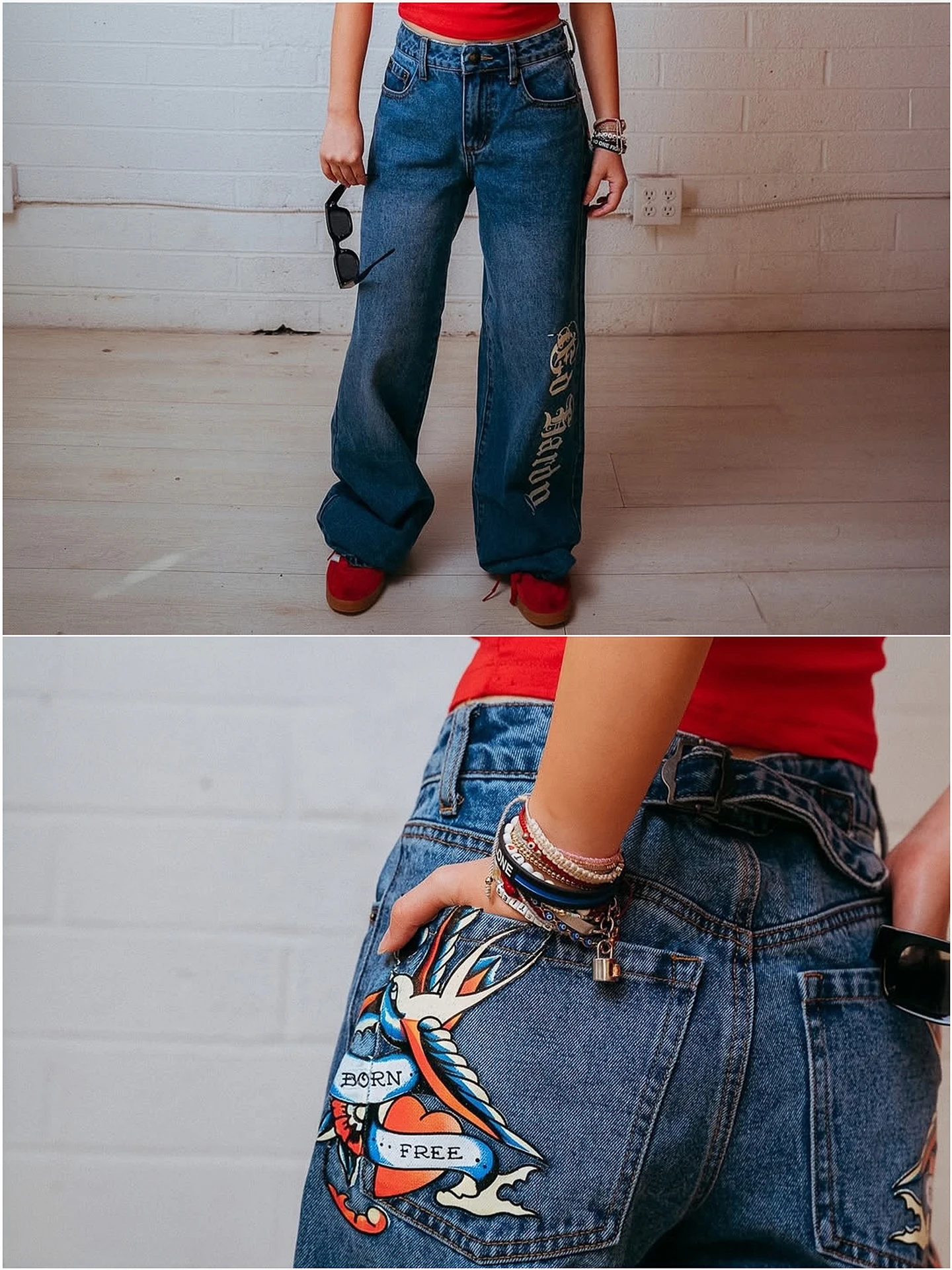 

Loose Wide Leg Jeans Adjustable Waist Paint Print Cotton Denim Pants Vintage Style Casual Wear All Seasons Unisex Loose Fit