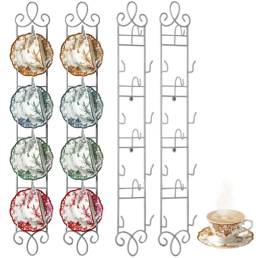 

4 Pcs 36 x 5 Tea Cup and Saucer Display Stand 4 Tiers Vertical Wall Mounted Cups Plate Holder Wall Plate Hangers Decorative Brac