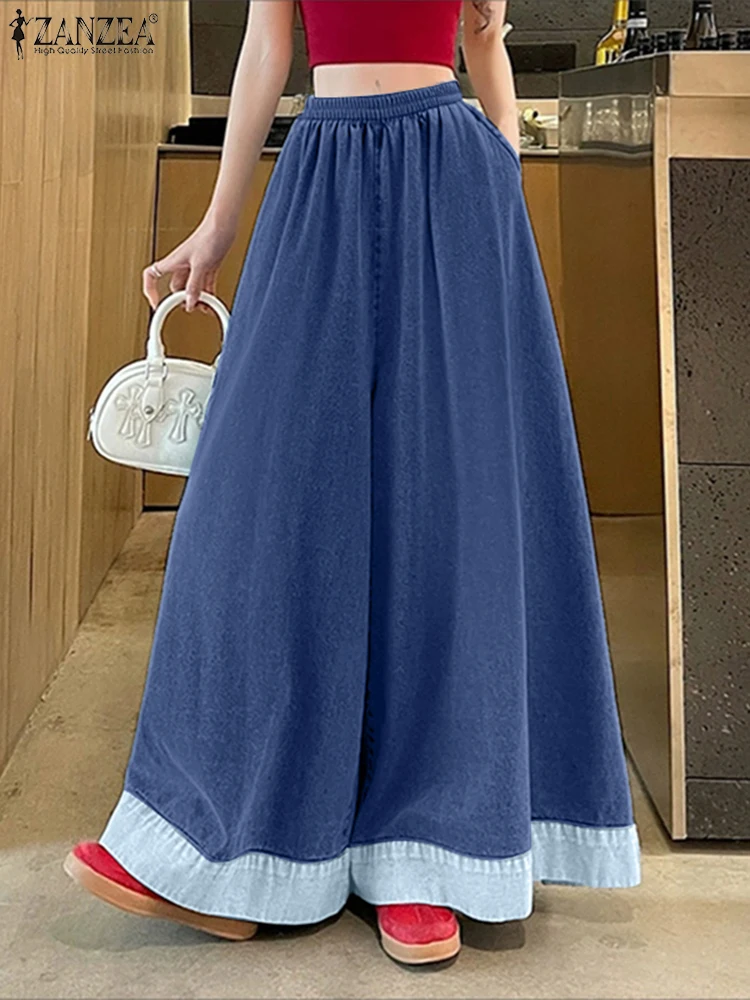 ZANZEA Korean Fashion Faux Denim Wide-Leg Pants Women Loose Casual Elastic High Waist Color-Block Trousers 2025 Autumn Bottoms
