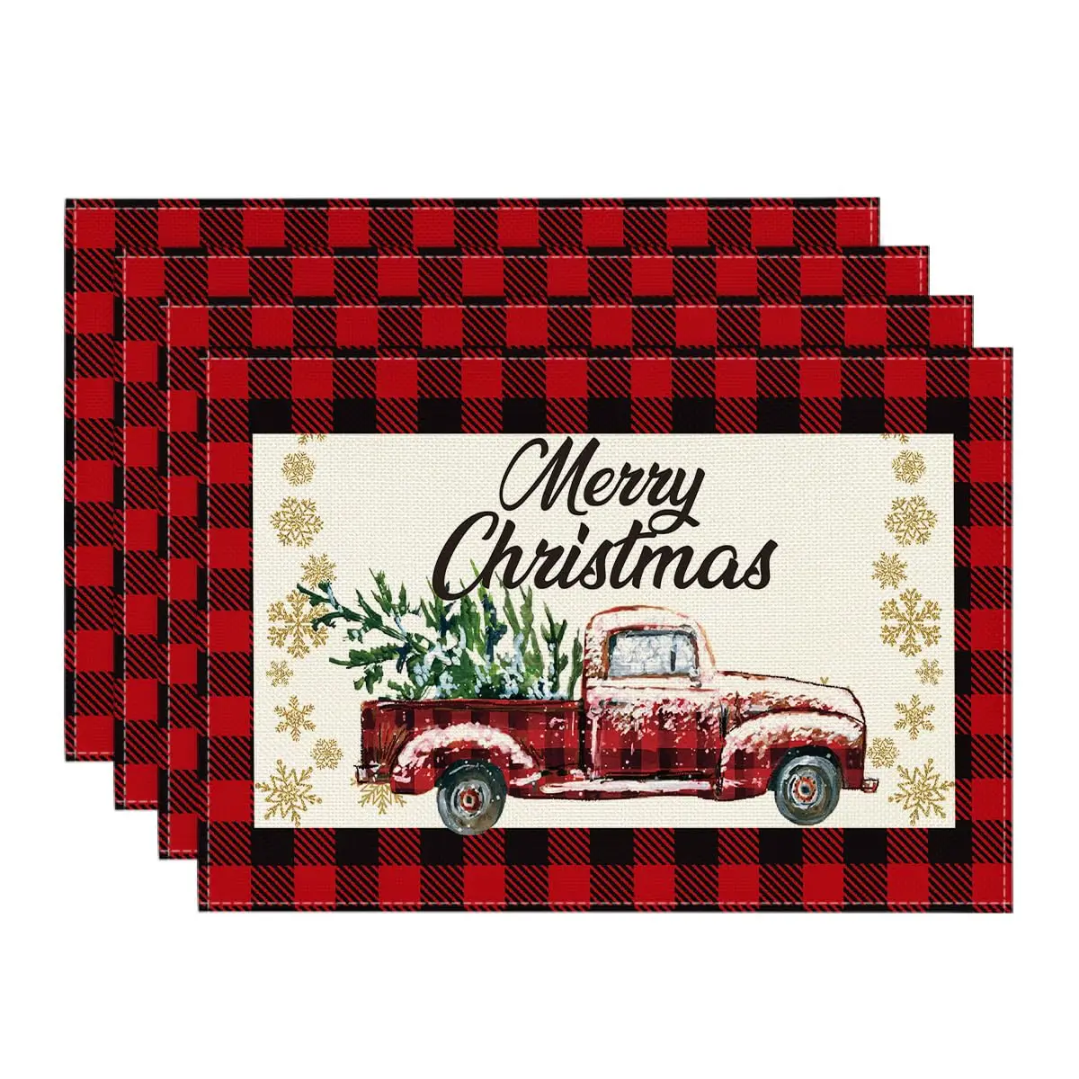 

Red Black Buffalo Plaid Truck Merry Christmas Placemats Set of 4,12x18 Inch Seasonal Winter Xmas Holiday Table Mats for Decor