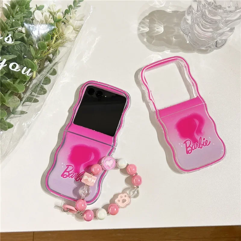 Luxury Cartoon B-Barbies Princess with Lanyard Phone Case for Samsung Galaxy Z Flip 3 4 Z Flip 5 5G PC Hard Back Cover Funda