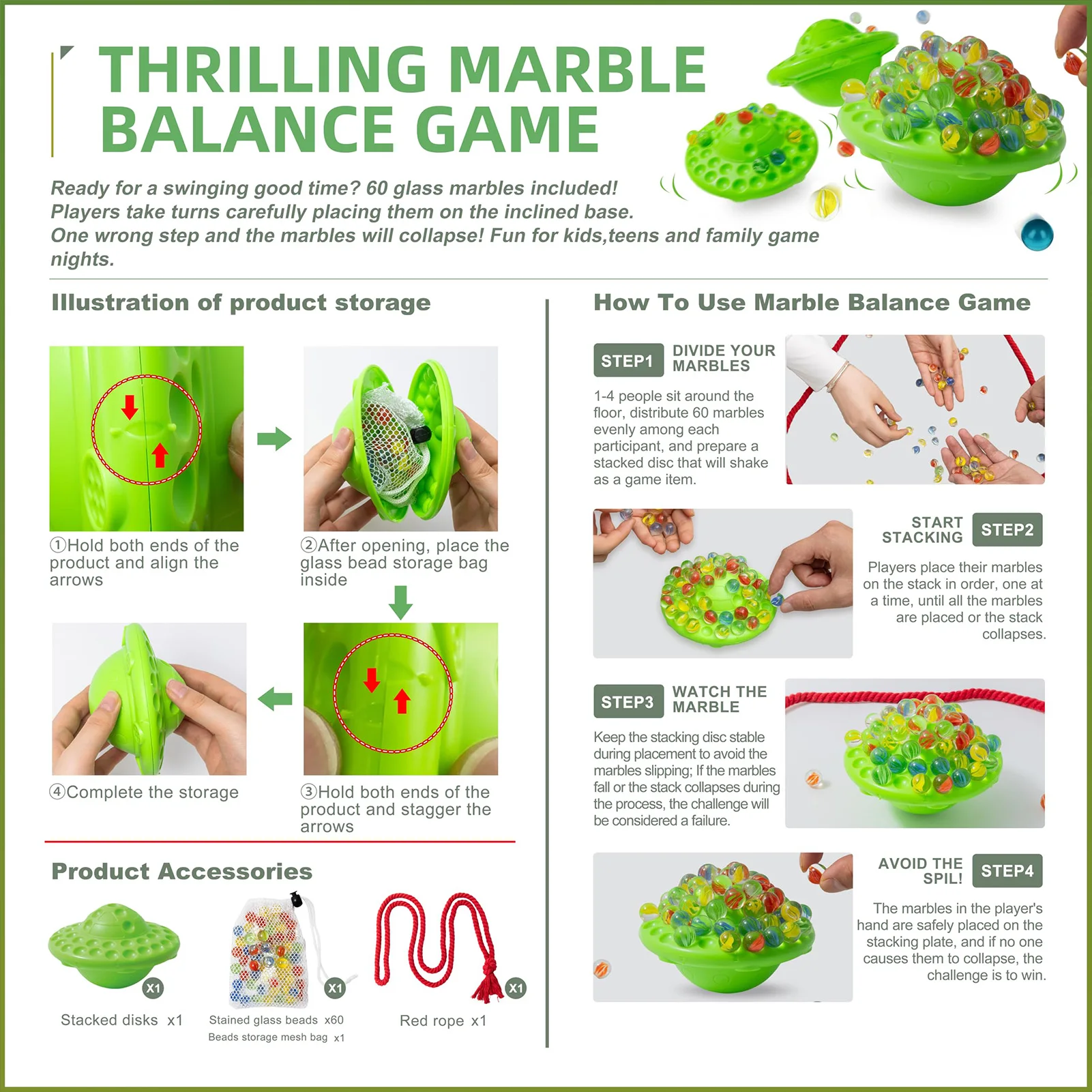 Gioco di equilibrio in marmo di vetro per divertimento in famiglia 1-4 giocatori Giocattolo impilabile con 60 marmo colorato Gioco da tavolo educativo Bambini Adulti