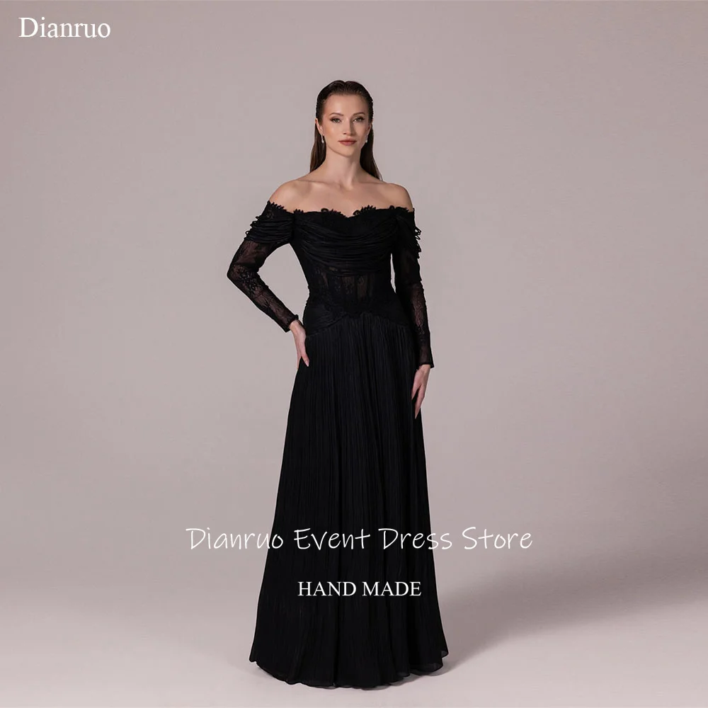 

Dianruo Черное вечернее платье трапециевидной формы с кружевными аппликациями Vestidos De Novia с открытыми плечами и рюшами, длинное Abiti Da Cerimonia по индивидуальному заказу