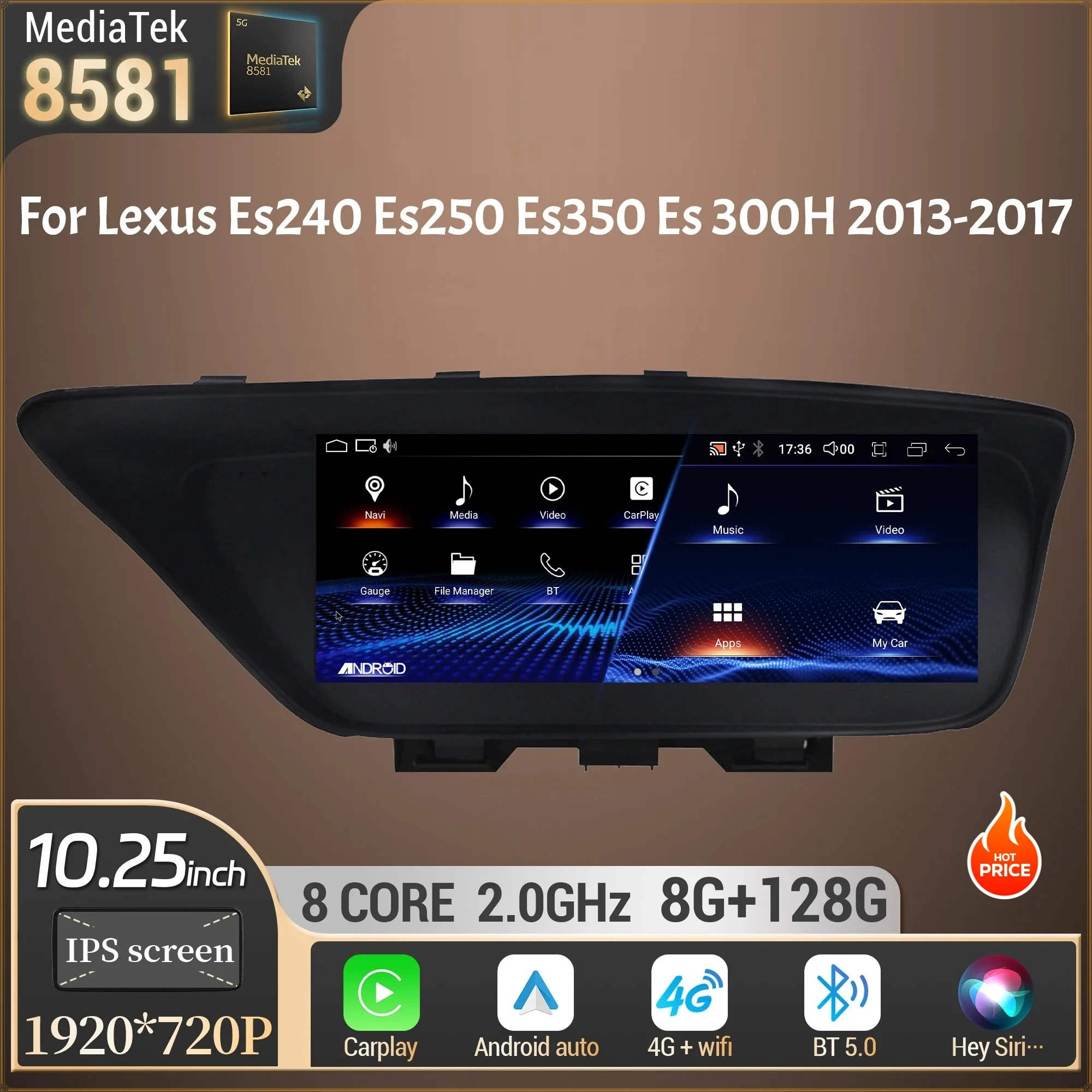 10.25inch Car Radio Multimedia Carplay Multimedia Navigation 4G GPS Touch Screen For Lexus Es240 Es250 Es350 Es 300H 2013-2017