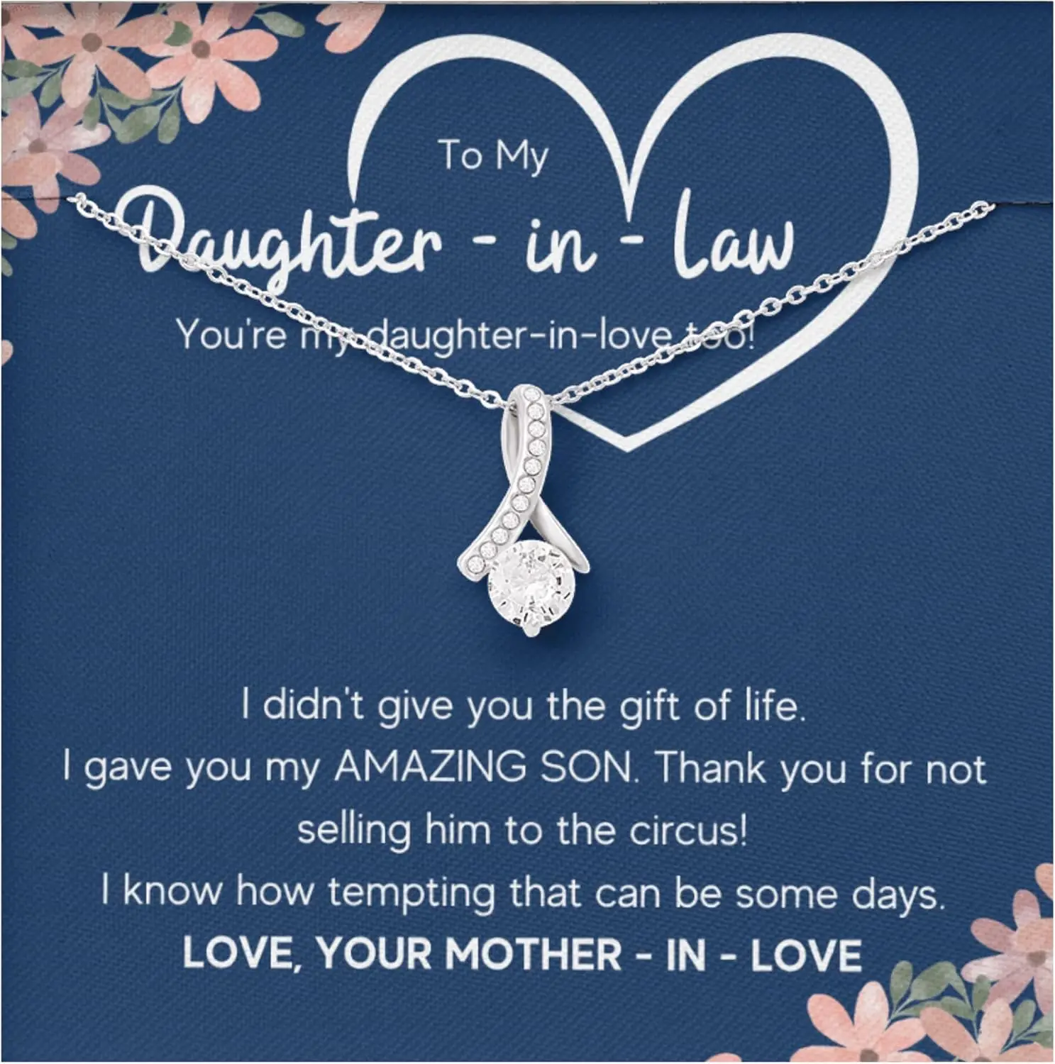 Collar de regalo para hija en la ley, colgante de honor de madre en la ley con tarjeta de mensaje y caja, joyería para hijas de bonificación para cumpleaños