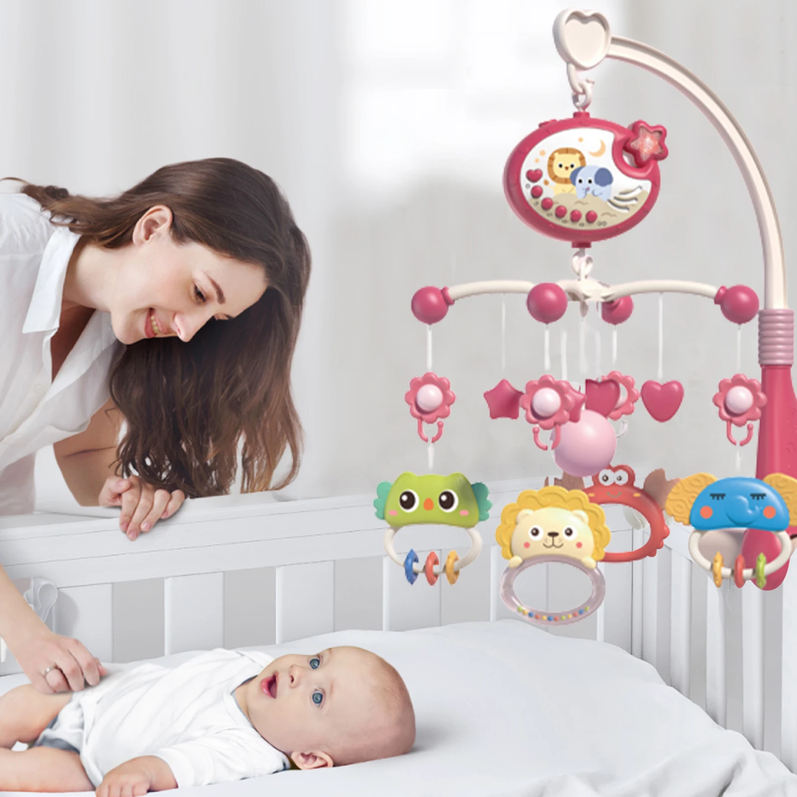 Lit de lit mobile pour bébé avec musique et projection - Mobile pour berceau avec fonction de synchronisation - Cadeau pour nouveau-né 0-12 mois