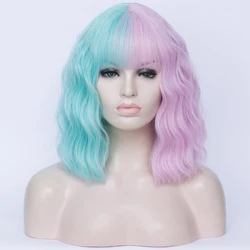 VICWIG-Peluca de Cosplay para mujer, Color negro, rosa, rojo, naranja, verde, morado, azul, dos colores, costura, corto, rizado, degradado, sintético de dos tonos