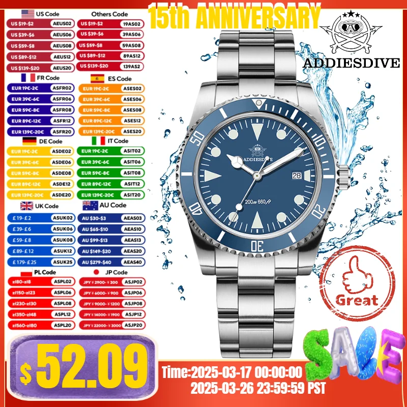 Reloj ADDIESDIVE para hombre reloj hombre BGW9 azul luminoso 316L acero inoxidable 20Bar resistente al agua bisel de cerámica relojes de cuarzo