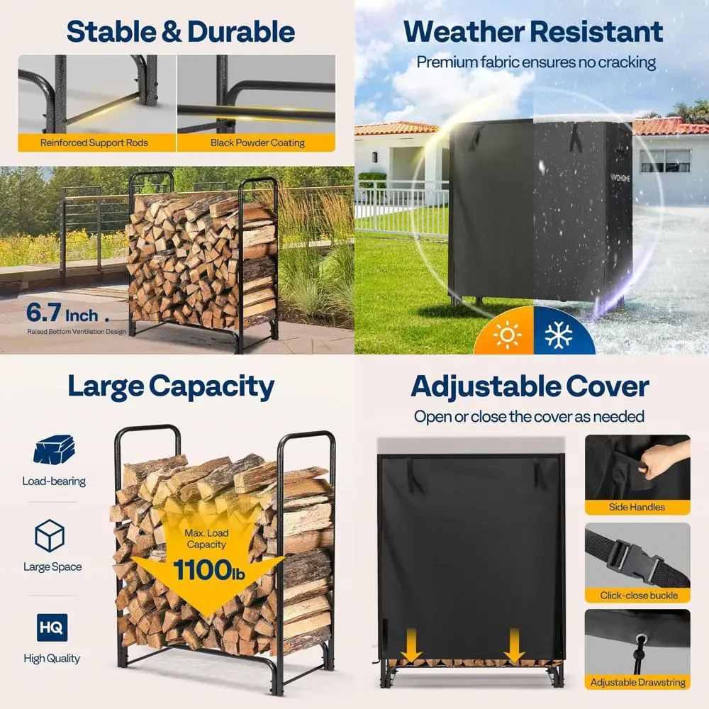 

Outdoor Heavy-Duty Log Rack with Cover, Black, for Firewood Storage and Protection