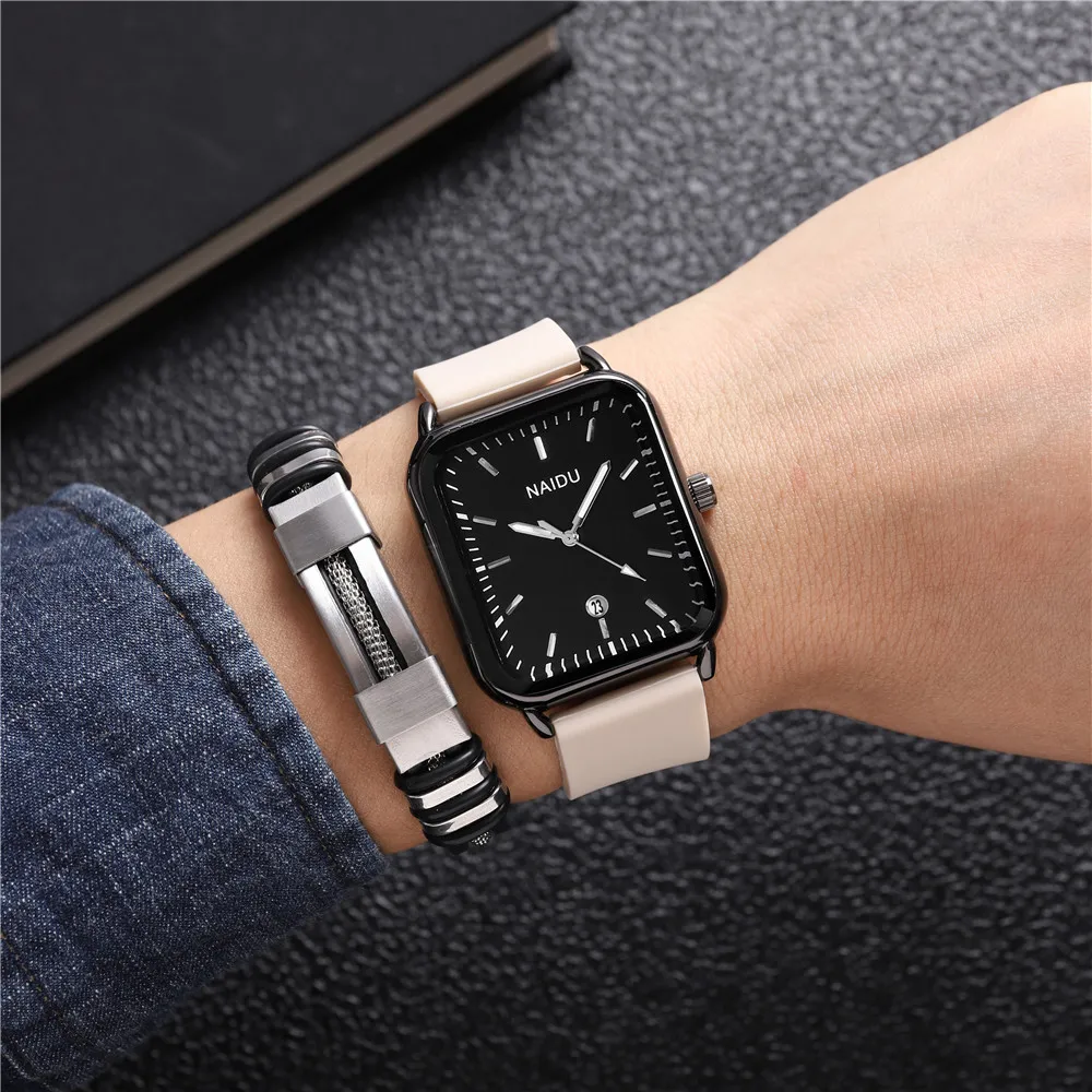 2pcs/set rectangle dial calendar quartz silicone band men watch