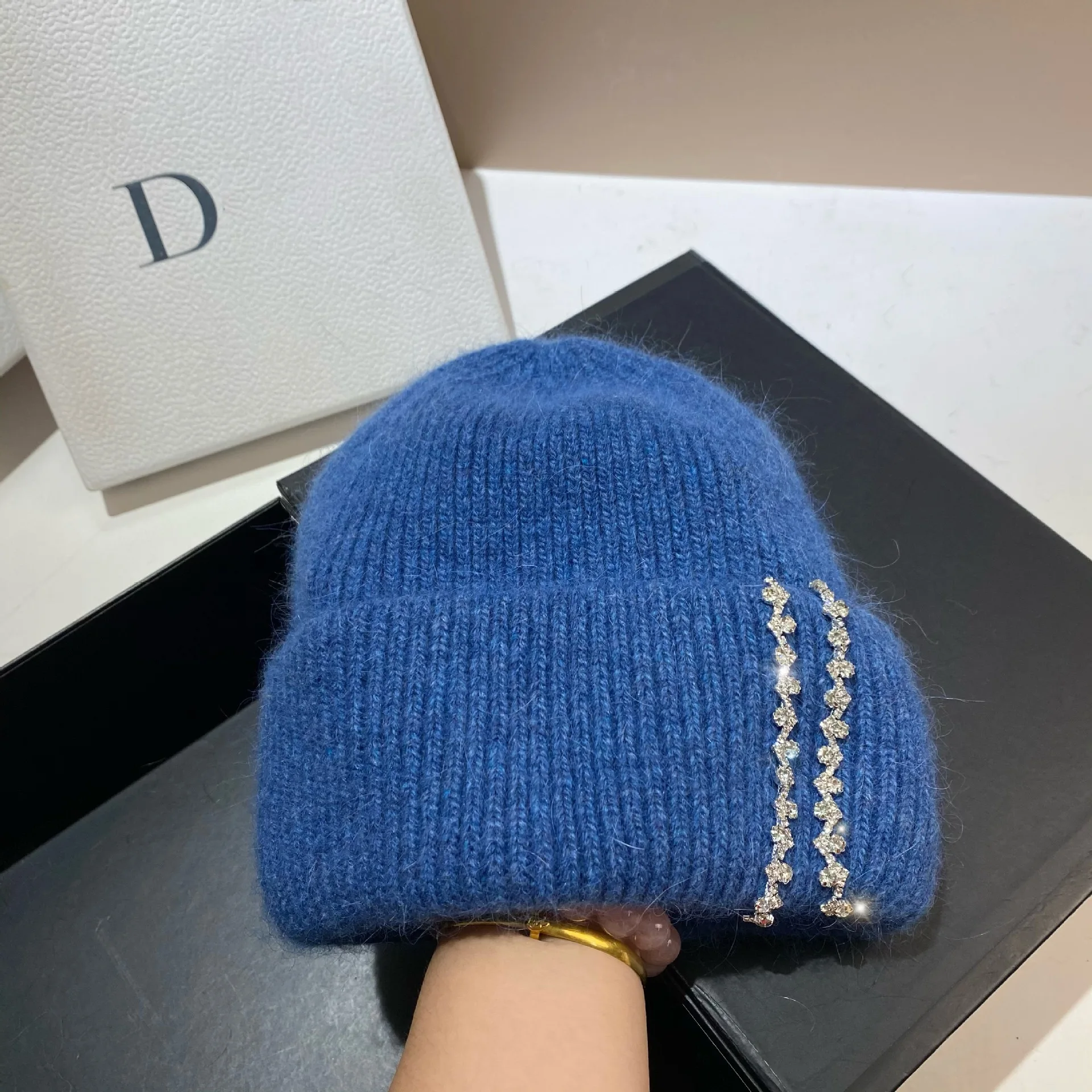 Lange Kaninchenhaar Doppelt gefaltete Strickmütze Modische Prominente Feng Shui Diamantmütze Winter Outdoor Warme Mütze – Detail 18