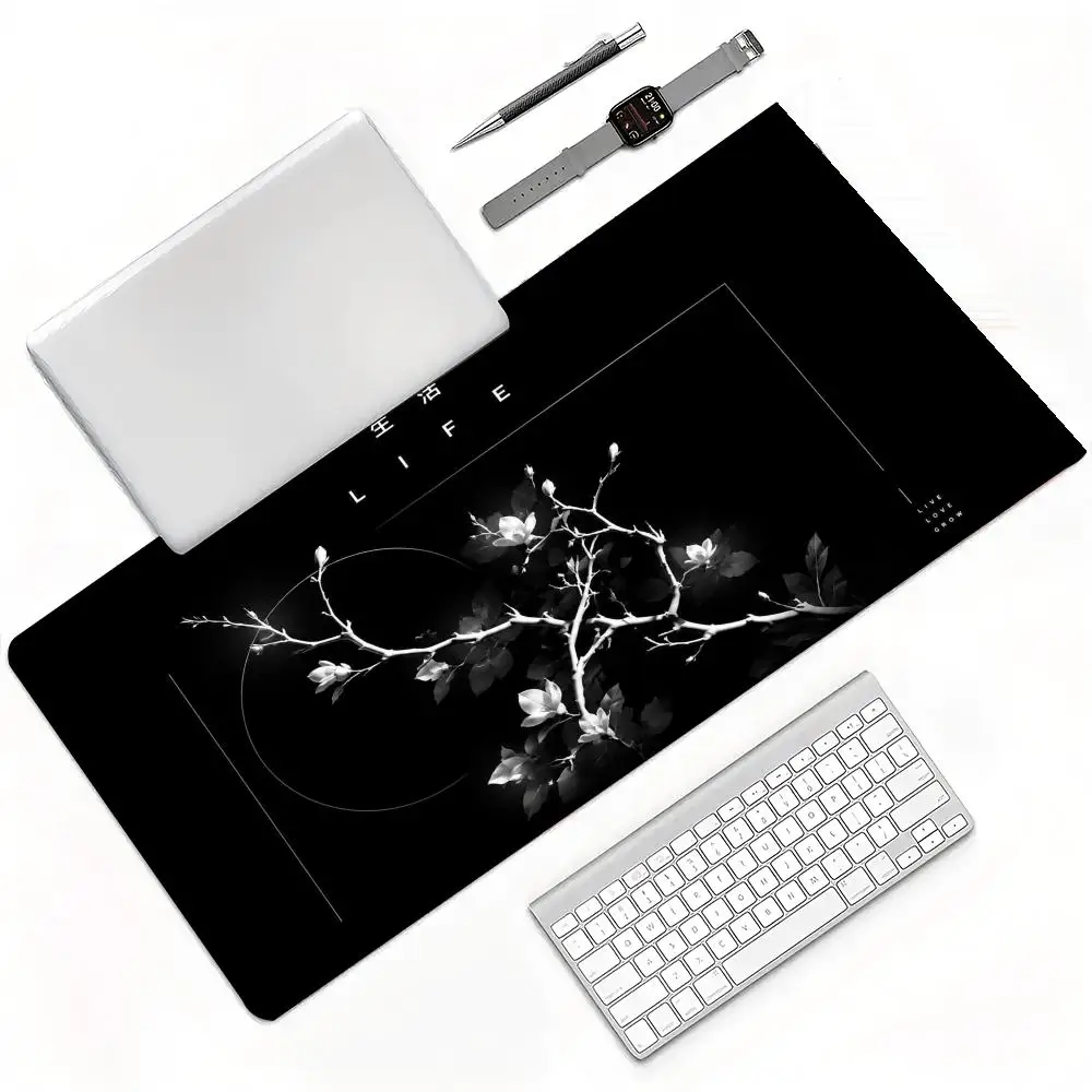 Monochrome Ink Fluid Smoke White Winter Blossom Oriental Art Large Gaming Mouse Pad Wear Resistant Computer Desk Pad