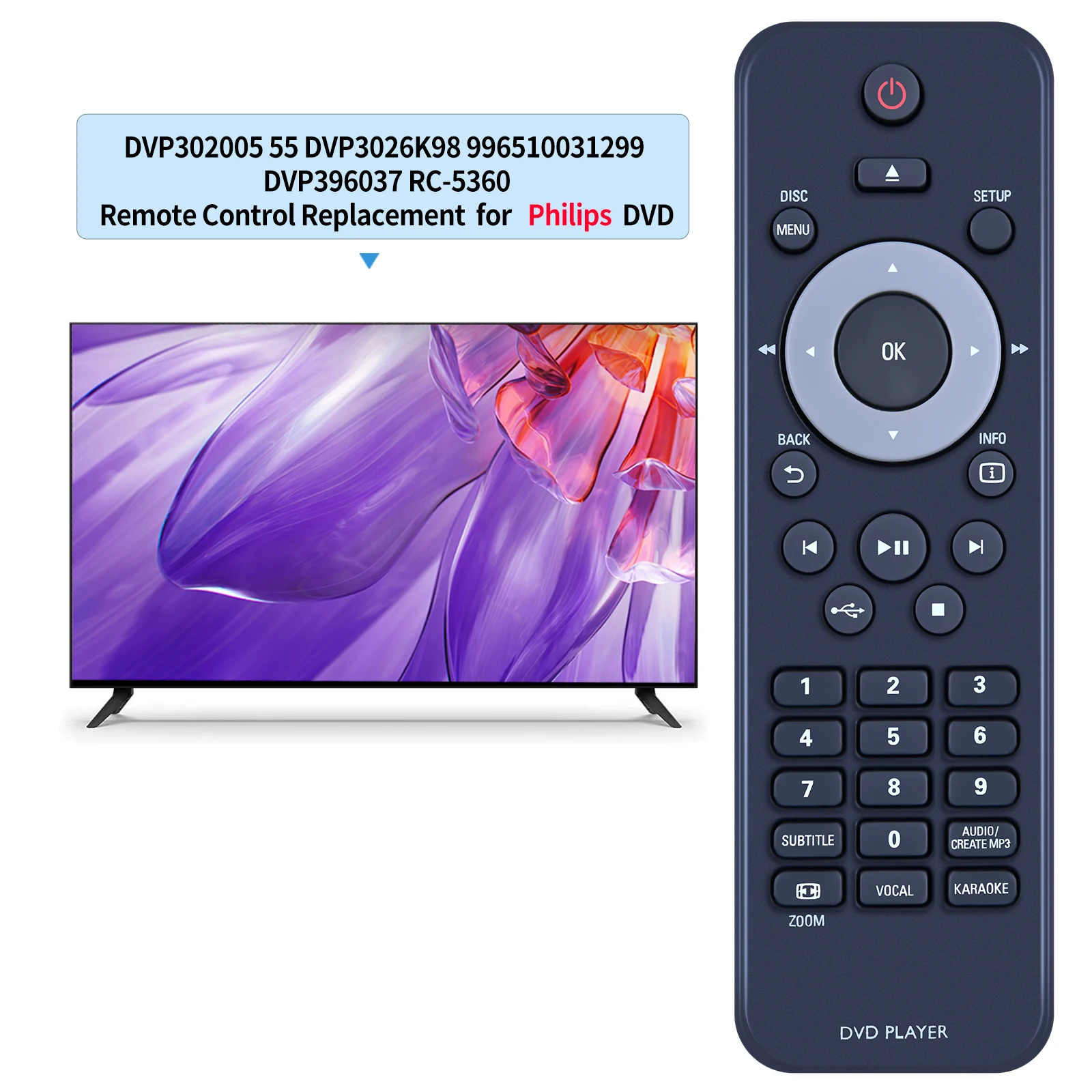 Remote control for Philips DVP3020/05 55 DVP3026K/98 996510031299 DVP3960/37 RC-5360 DVD